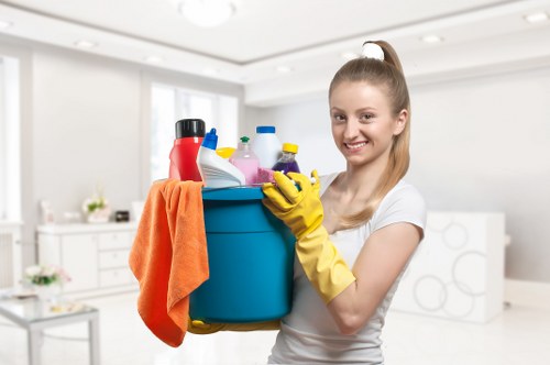 Discreet cleaning team working in a central London office building